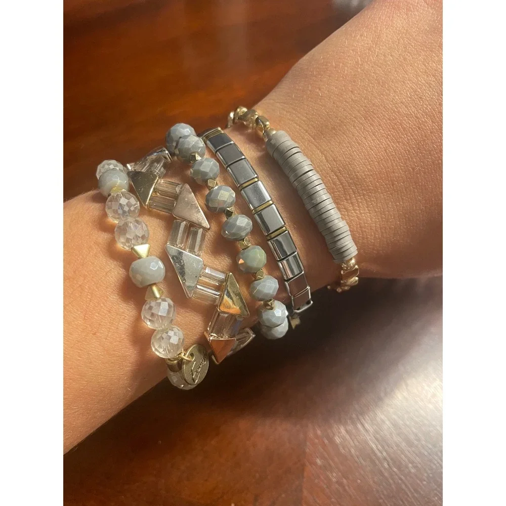 Erimish Grey Silver Gold Beaded Stretch Bracelet Stack Multi Piece Set w Pouch